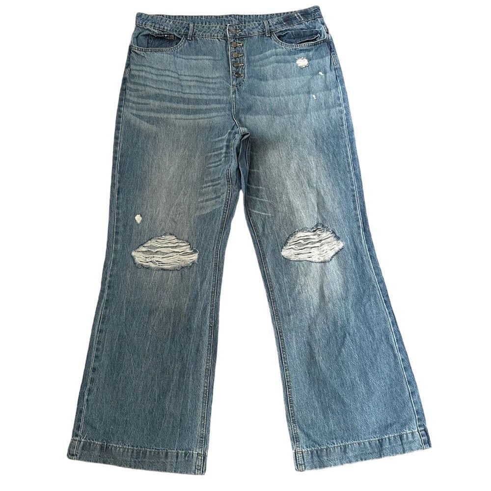 Venus Distressed Holes In Knees Wide Leg High Waisted Medium Light Wash Jeans